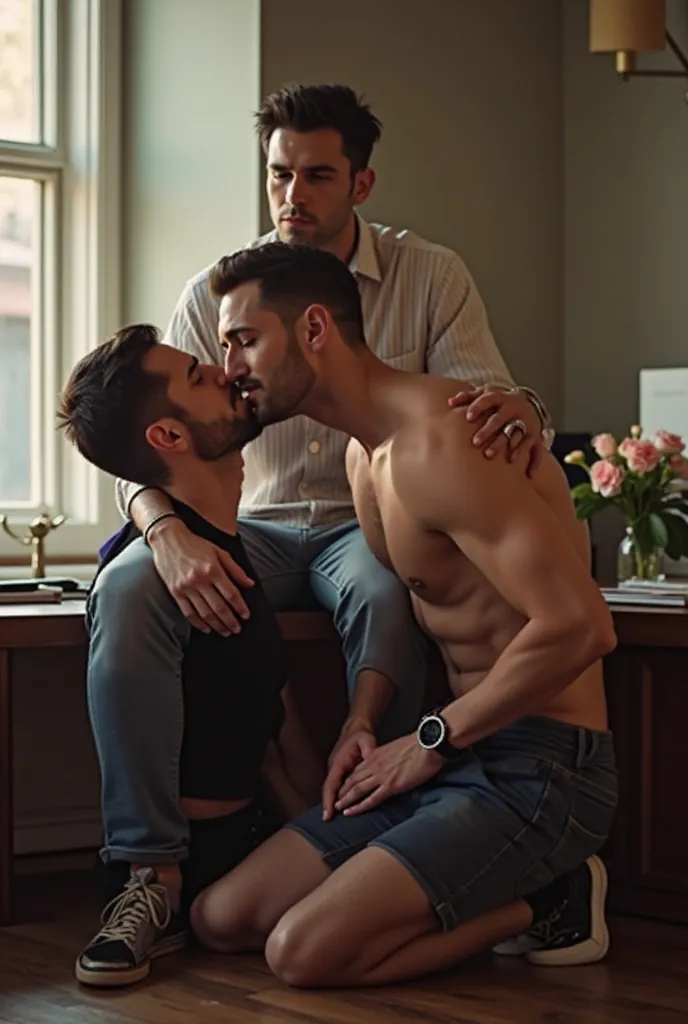 A handsome guy sitting on a desk while another guy kneels in front of him and passionately sucked his dick/cock. 