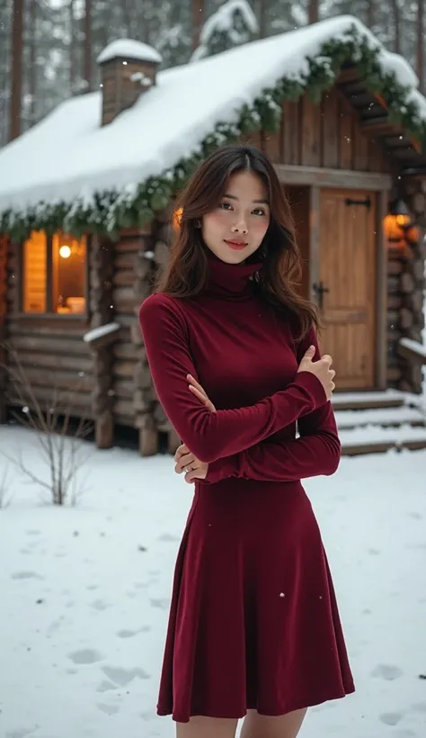  
Create a realistic image of a Japanese model wearing a stunning turtleneck flare dress in a rich, bold burgundy color. The dress should have a fitted turtleneck top and a flared skirt that falls just above the knees. The model should be posing in a relax...