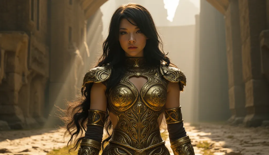 Ultra realistic full body shot of a beautiful and captivating Asian woman with long black hair, dressed in intricate gold armor inspired by the Libra character from the Saint Seiya series. She stands with an air of menace, her eyes radiating intimidation a...