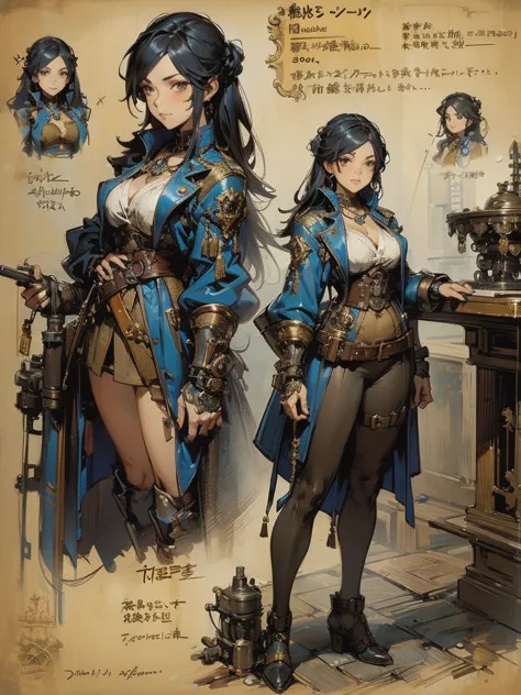   Girl with Long, Loose Black Hair  {x} Close up of a woman in a gun costume, ((character concept art)), ((character design sheet, same character, Front , side, return))   Maple Story Character Art  ,  Video Game Character Designs ,  Video Game Character D...