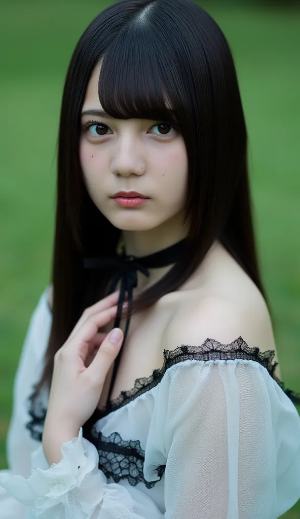 face, Beautiful 21 year old woman、 Kosakana 。 semi-long hair with bangs 、 sharp focus 35mm photo ,  she wears a black lace collar  .  her skin is white as snow 、The figure is slim . She has a perfect slim figure and a beautiful face.  she has Japanese heri...