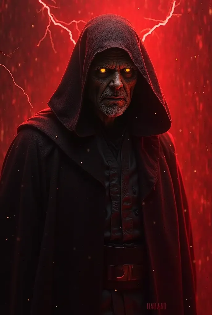 Darth sidious from star war movie, aslo 1200x1200x image and i want red color domination, also lightening yeallow ayes, half body 