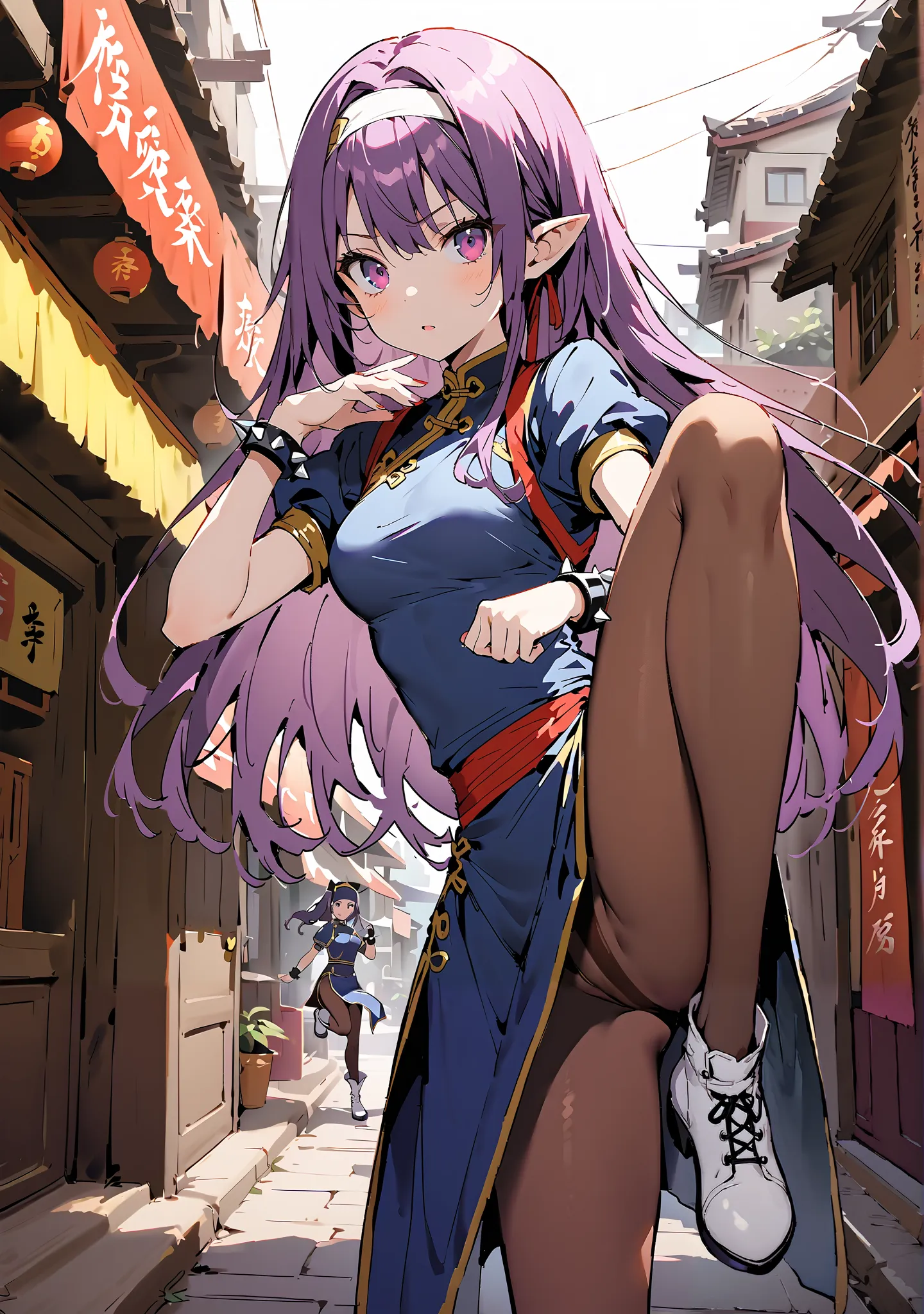 score_9, score_8_up, score_7_up,  source_anime,
 yuukiKonno, Konno Yuuki, headband, long hair, pointed ears, purple hair, red eyes, double chauban ,serious,and open your mouth,chunlicosplay, Chunli \(cosplay\), blue  dress, boots, bracelet, brown pantyhose...