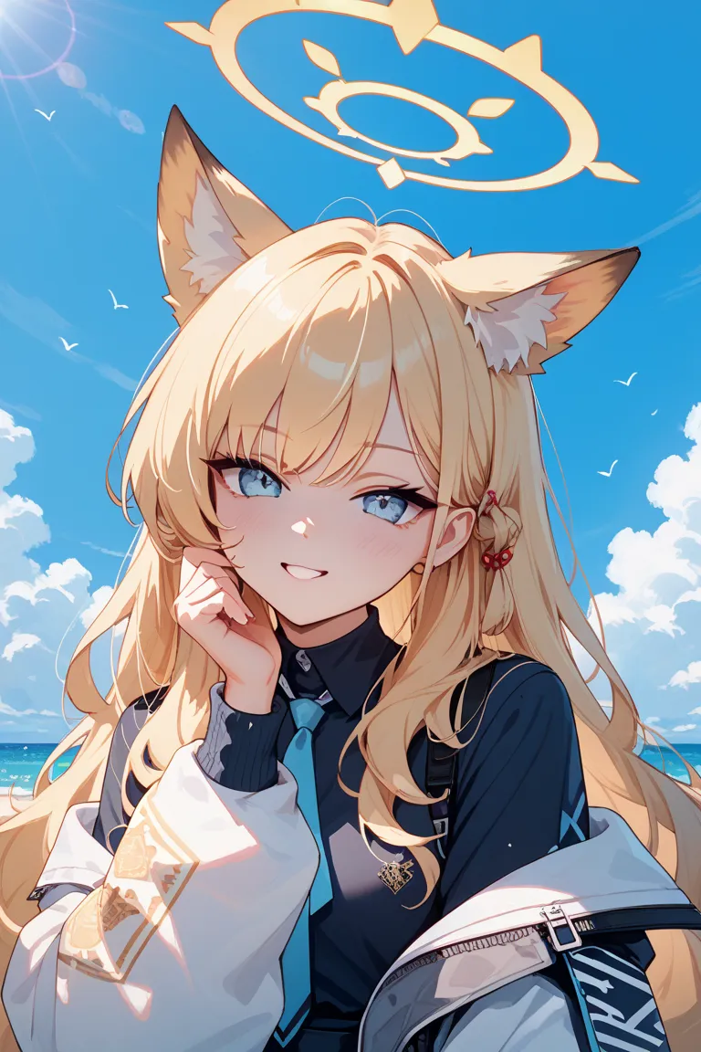 1 girl, (Blue Archive:1.1), 
, 
 animal ears, Alone, blonde hair,  halo, long hair, viewers,  fox ears, animal earsの毛, nsfw
