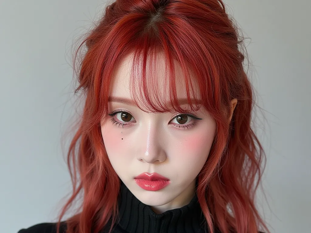 High ponytail with side-swept bangs , cherry red hair 