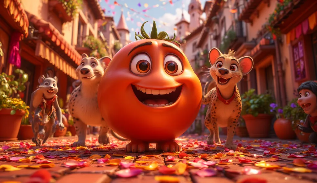 A joyful 3D scene where the tomato stands proudly while the playful characters (mouse, cheetah, monkey, Patlu) gather around, dancing and celebrating together in a dynamic, carnival-like atmosphere.

