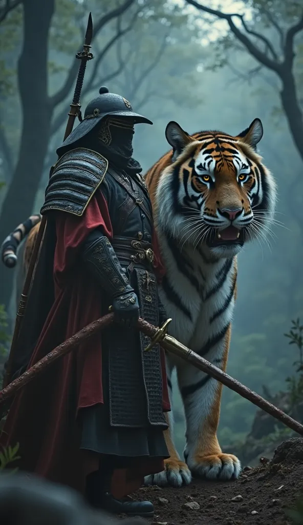 cinema"A hyper-realistic and cinematic scene featuring the mighty Korean tiger, the revered animal of South Korea, standing beside a legendary Joseon-era warrior in a misty, ancient forest. The tiger is massive, with a muscular body, thick fur marked by bo...