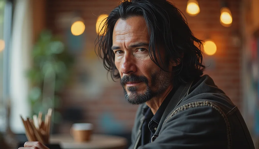 Promt:
“Picture the moment, when creativity literally brings coffee & Canvas». Keanu Reeves, preserved in the same way:  calm, wise man with a natural, with a slightly disheveled dark hairstyle, with deep eyes and stylish casual clothes, watching, to life ...