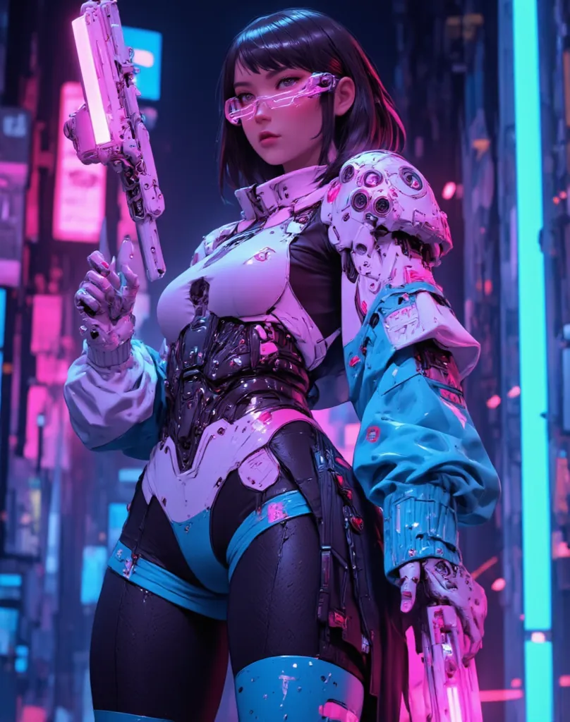 Young Chinese character, fly away, 20 and a few years, Short black hair, brown eyes, wearing futuristic clothes in shades of blue, rosa, purple,  White , futuristic glasses (Siborg style) With Mira Lazer, Futuristic photo gun, on a playful, 8k, ultra detai...