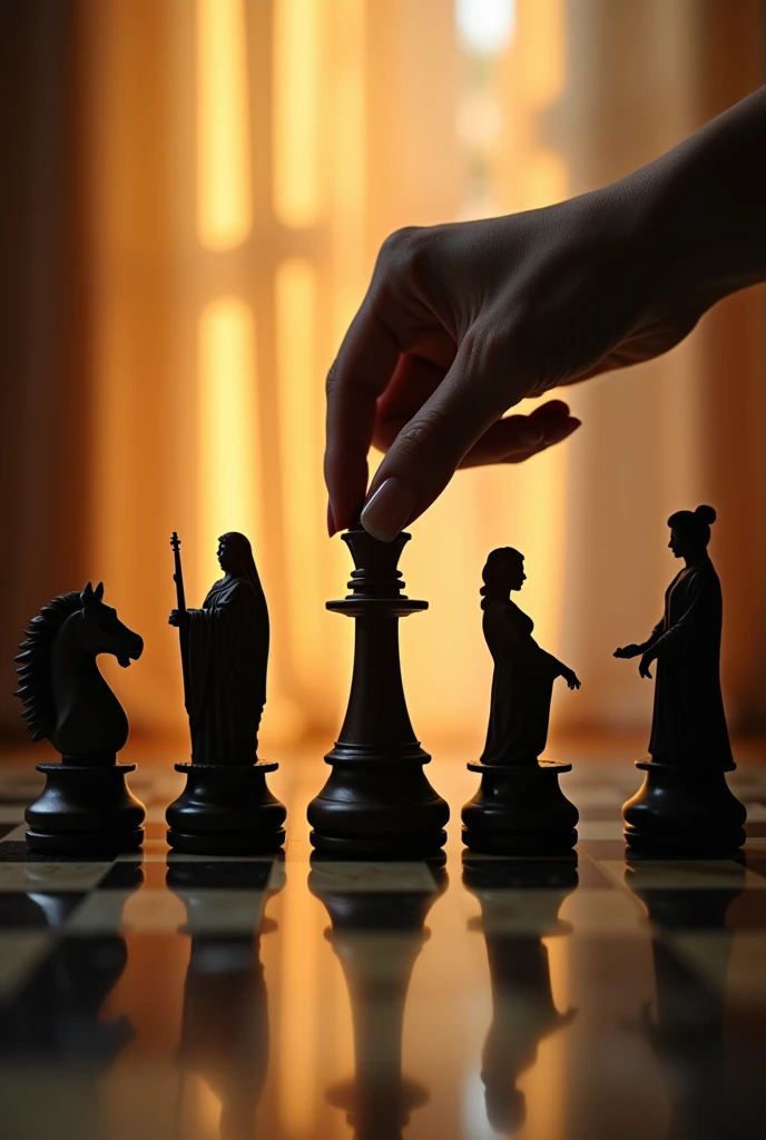 a woman's hand, moves the vizier on the chessboard (with positive message highlighted).
{x} Silhouettes of world women from different cultures on chess pieces.
"Checkmate Patriarchy" such a stunning post + Stunning text.