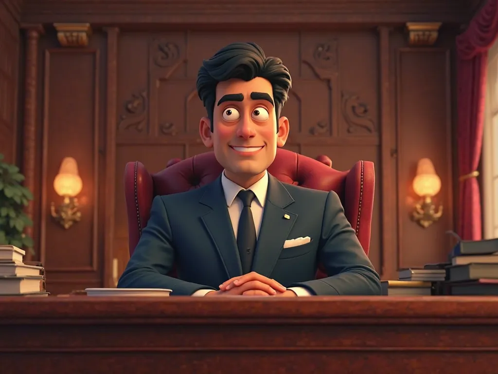 Vinay Mehra is sitting behind a huge mahogany desk in a grand but now a gorgeous but cold office. He has a glow of greed and power in his eyes, and a light, but dangerous smile on the lips. Business opened on table,3D cartoon animation