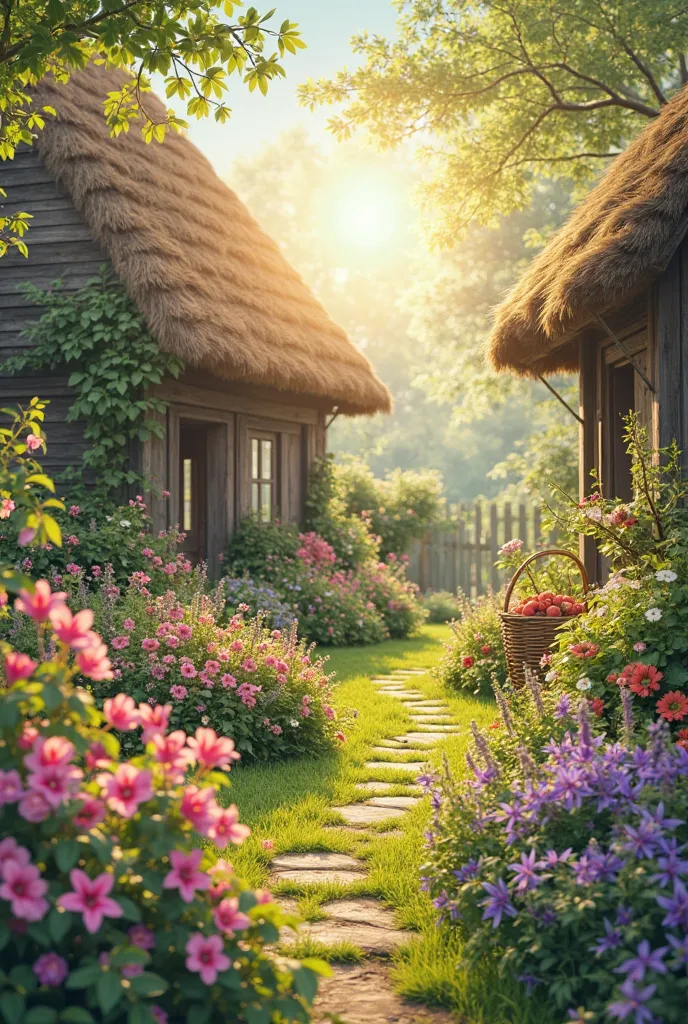 A bright spring scene in the cottage garden: warm sun rays ,  fresh herbs , blooming flowers. The atmosphere of comfort and festive mood, you can feel spring and feminine energy. 