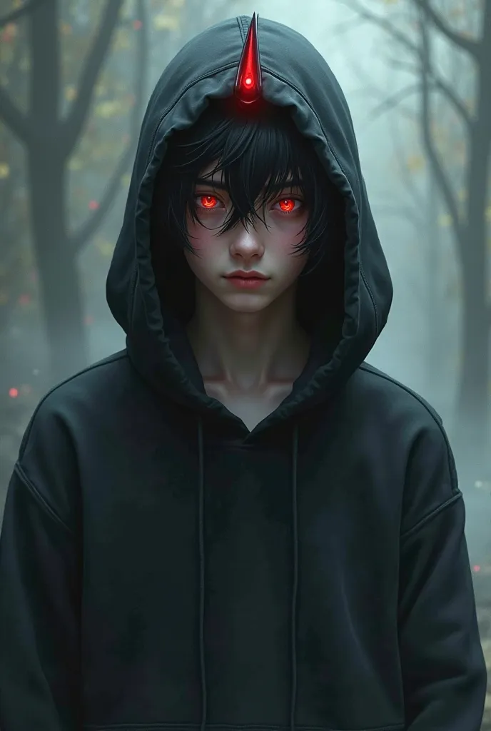 Boy with black hoodie with black hair with red horn and red eye