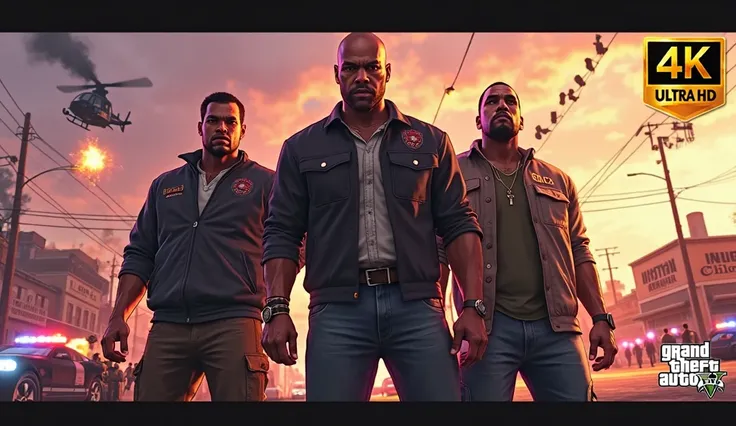 Create a high-action GTA 5 thumbnail featuring Trevor, Michael, and Franklin standing ready for battle in front of The Lost MC clubhouse. The background should show chaos—police cars, SWAT teams, and helicopters in pursuit. Add cinematic lighting, explosio...