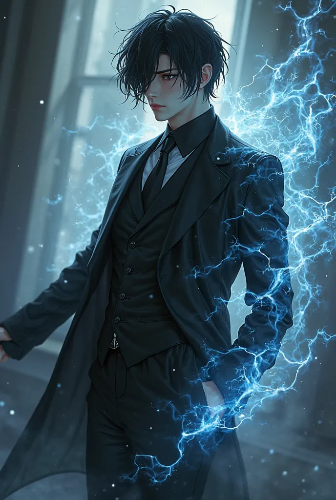 Anime man with black hair to back ghostly powers elegant black clothes