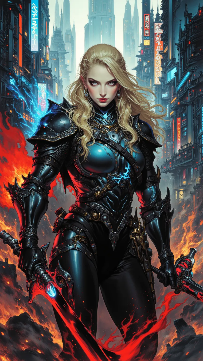 full body, Female Knight，fear ，sci-fi，Dark Arts，weapons，sexy，long golden hair，In the city of the future，in a highly detailed and dynamic style, Luminescence