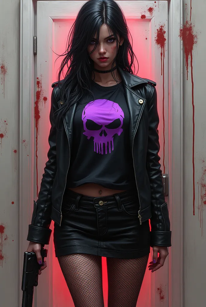 1 female, ager, a black jacket, a black top with a purple skull, black net jeans with a skirt over it, with a gun, blood everywhere,a businessman Infront of her with him still standing and a hole in his chest