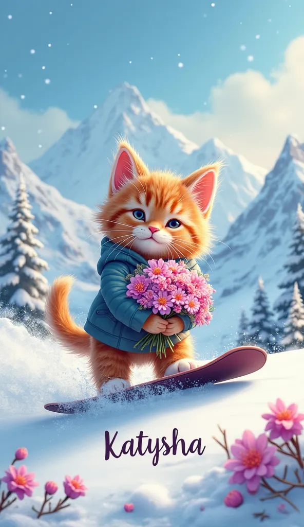 Snowboarding cat, that is riding on slopes and hills. Beautiful white flowers in my hands, blue , of pink and purple roses. Below the picture are the text "Katysha"