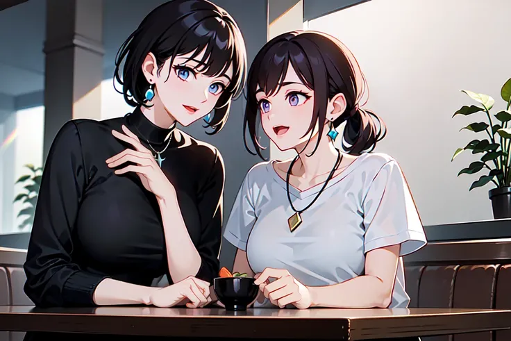 two women having a fun conversation in a restaurant, not looking at the camera ,Salad on the table、drink, Angle Looking Up From Below, Woman on the right  :look at the woman on the left、thin eyebrows、  plump breasts、 in the ruins、Light purple narrow eyes、s...