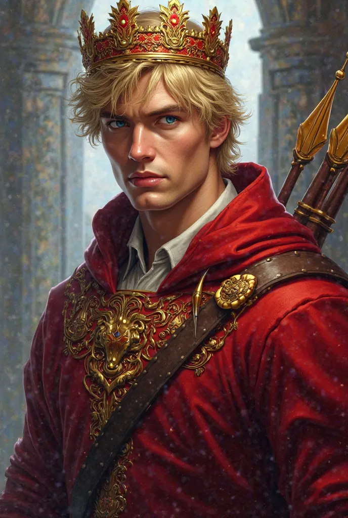 Realistic digital illustration of a handsome King.  blond hair and blue eyes. Dressed in a red sweater with gold ornaments, With a quiver on my shoulder. She wears a gold crown with red details.