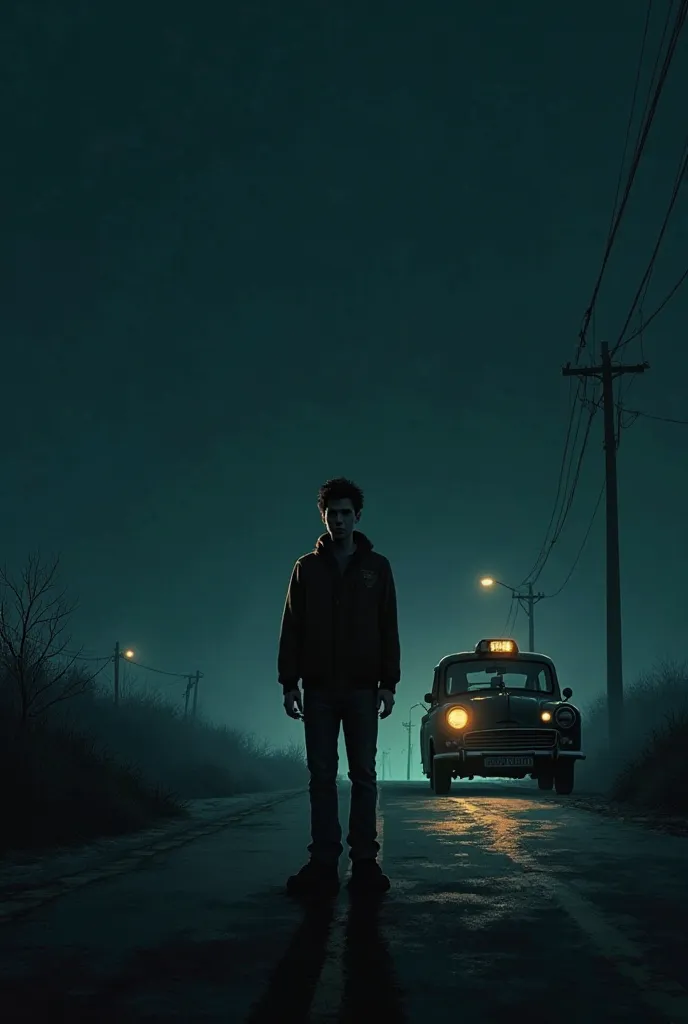 "A young man standing alone on a deserted road at 2 AM, dim streetlights casting eerie shadows, an old black taxi approaching in the distance."