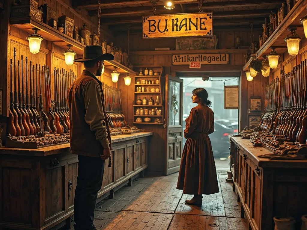 A classic armaria from the 1900s, located in a small Old West town or an industrial neighborhood of the time. The façade of the establishment is made of aged wood, with a wrought-iron sign and hand-painted letters. The interior is illuminated by gas lamps ...