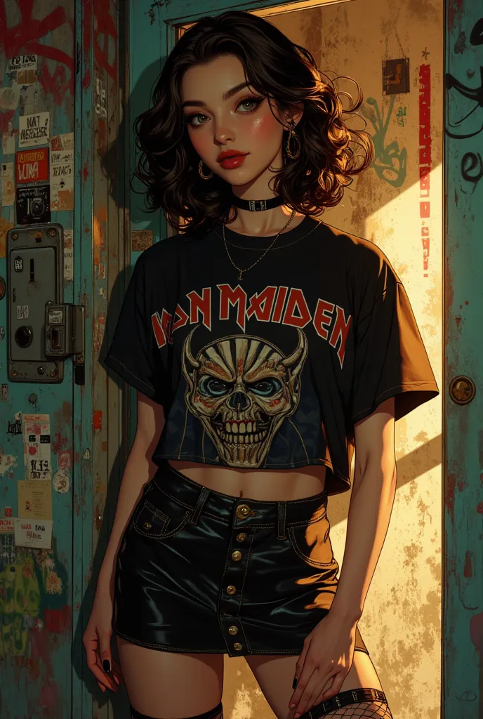 illustration of A stunningly beautiful girl, sexually suggestive illustration, intricate linework with expressive contrasts, one gorgeous girl, "Iron Maiden" t-shirts, short skirts, fishnet stockings, streetwear, posing against a graffiti-strewn wall, albu...