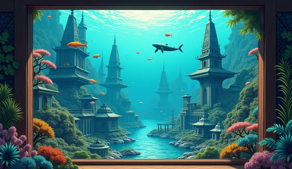 Please draw a picture of an undersea city in Ukiyo-e style
The undersea city can be seen from the large window of one room。Fish and whales swim between artificial and mechanical buildings and ruins。