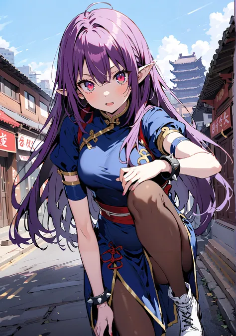 score_9, score_8_up, score_7_up,  source_anime,
 yuukiKonno, Konno Yuuki, headband, long hair, pointed ears, purple hair, red eyes, double chauban ,serious,and open your mouth,chunlicosplay, Chunli \(cosplay\), blue  dress, boots, bracelet, brown pantyhose...