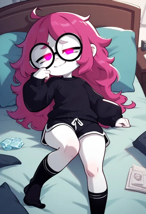  magenta hair, round black glasses, white skin, shortstack, black shirt, black sweater, long messy hair, neon pink eyes, cartoon style, black dolphin shorts, long black socks, long hair, ice blue hair ends, glowing eyes, dark place, in a room, tired face, ...