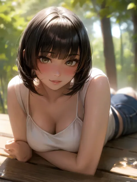 1girl, lying on side, bend knees, ass, (from above:0.5), 
BREAK girl, 22yo, short hair, bob cut, ear, (blunt bangs), black hair, (tareme:1.2), detailed cute brown eyes, curled eyelashes, (large breasts:0.8), 
beautiful eyes, beautiful face, 
t-shirt, denim...