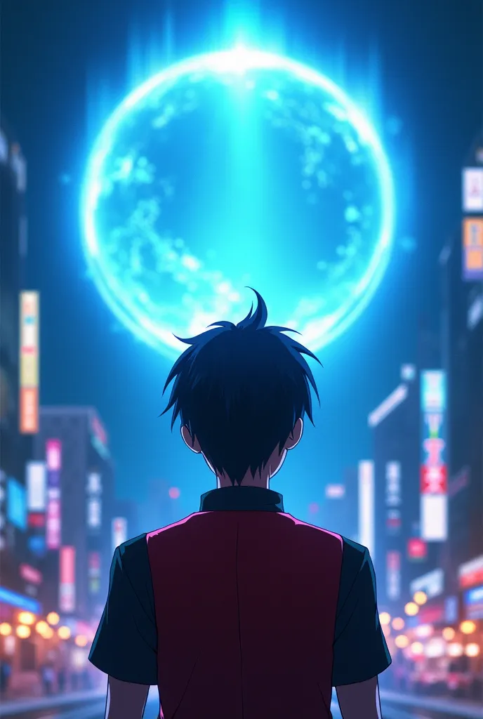  male anime character , black hair and red eyes ,wearing a black shirt and a red vest above your back looking at a blue portal in the middle of the city of Tokyo