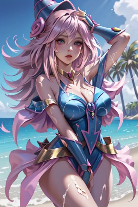 A hyperrealistic splash art of a nude female fantasy character with medium breasts. The medium character has long wavy pink and purple hair. She has big expressive eyes and is wearing a necklace. The nude character is on the beach with palm trees ,naked, f...