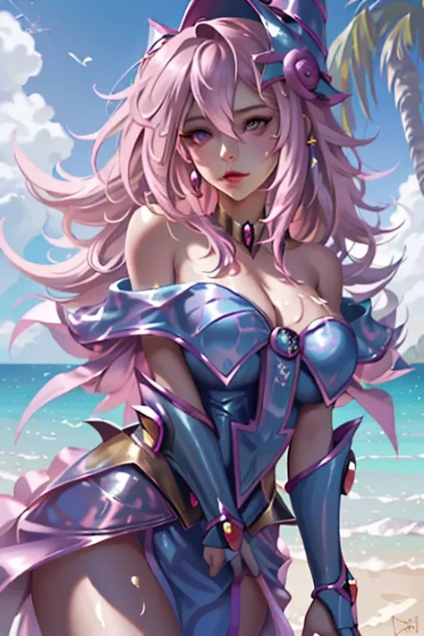 A hyperrealistic splash art of a nude female fantasy character with medium breasts. The medium character has long wavy pink and purple hair. She has big expressive eyes and is wearing a necklace. The nude character is on the beach with palm trees ,naked, f...