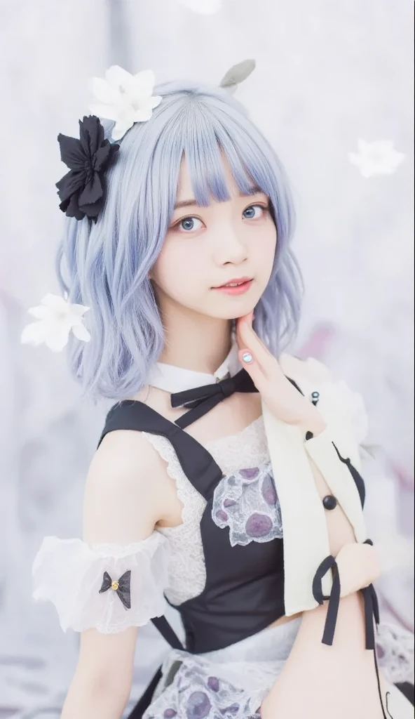 full body、short hair,  Pastel Blue Hair  、and is styled in a black headband featuring white flowers and ear-like accents.  she says 、wears black and white maid clothes that accentuate her playful and cute beauty , Decorated with lace and ribbons, in、has st...