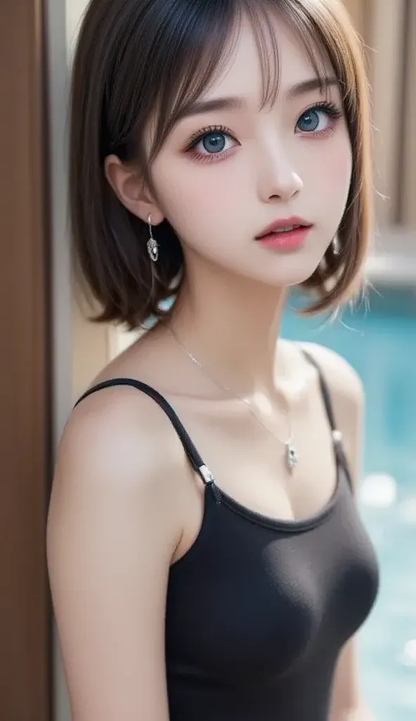 real image like the photo、８ｋ、school pool side、background、 Suspended Eyes、woman with an innocent expression that leaves a girl vibe、 black hair、short hair、Bob、 blue eyeshadow、Cheek、lipstick、mascara、eyebrow、black competitive swimsuit、Full Body Accessories、