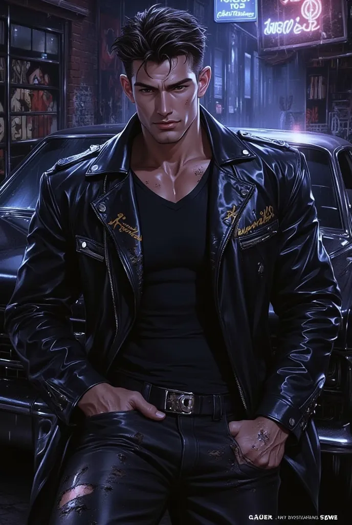 Semi-realistic anime-style watercolor close-up of Dante Rossi, a towering mafia boss with streetwise edge. His muscular build is draped in a sleek, weathered leather jacket over a black fitted shirt, dark jeans, and scuffed combat boots. Sun-kissed olive s...