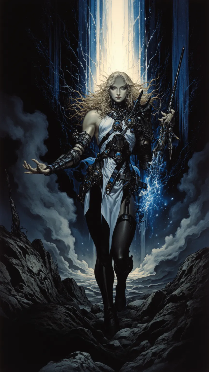 full body, Female Knight，fear ，sci-fi，future，Dark Arts，sexy，long golden hair，Wayne Reynolds draws，in a highly detailed and dynamic style, Luminescence