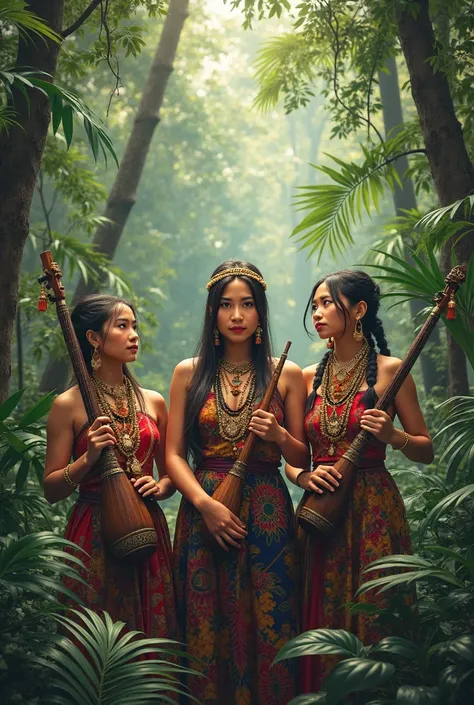 Dayak women hold music instrument with forest background 