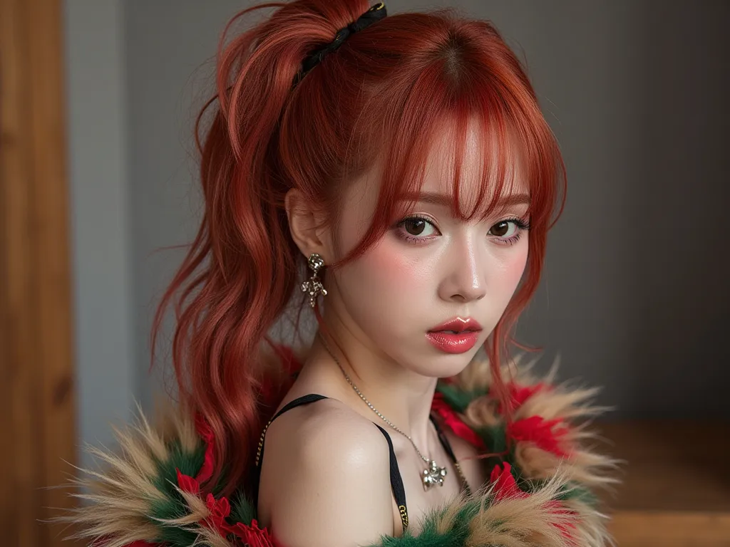 High ponytail with side-swept bangs , cherry red hair , gucci brand embarrassdor,ถ่ายแบบ , western make up , 