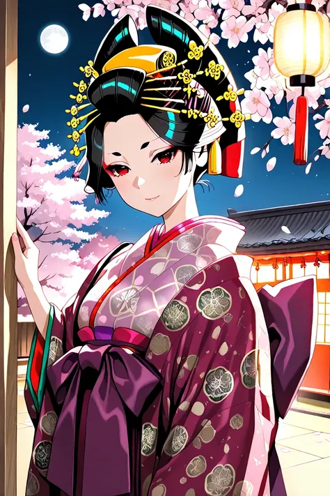 (masterpiece, best quality), oiran, traditional japanese clothing, standing under cherry blossoms at night, looking at moon, soft expression, luxurious kimono, glowing lanterns