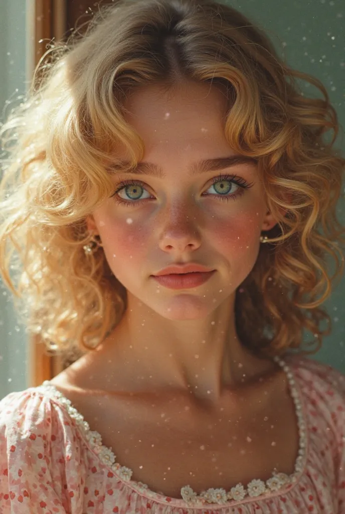 A girl with curly blonde hair, blue eyes from 1985