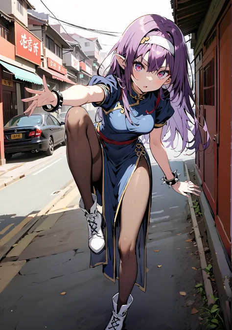 score_9, score_8_up, score_7_up,  source_anime,
 yuukiKonno, Konno Yuuki, headband, long hair, pointed ears, purple hair, red eyes, double chauban ,serious,and open your mouth,chunlicosplay, Chunli \(cosplay\), blue  dress, boots, bracelet, brown pantyhose...