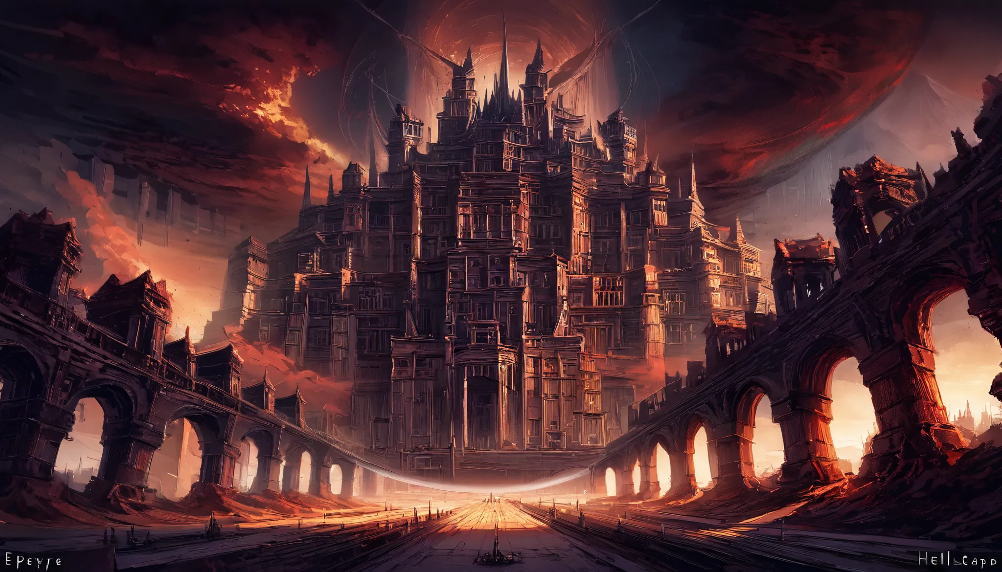 anime aestetics, hellsacepe, ancient structure, doom aestetics, demonic realm, ancient destructed castle, crimson skies, dark horrifung clouds, view from the depth of hell,  atmospheric perspective, perspective, wide shot, UHD, masterpiece, accurate, super...