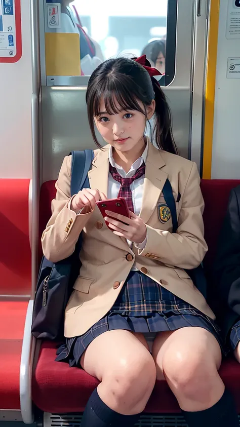 Commuting by train、Camel blazer、 light blue check skirt、uniform姿の美少女:1.9、((angle from below、Top Quality、masterpiece、32K、Every Little Detail ))、Girl sitting in a seat 、smile、commute、 full body症状 、ochre blazer、 light blue plaid pleated skirt、school bag that ...