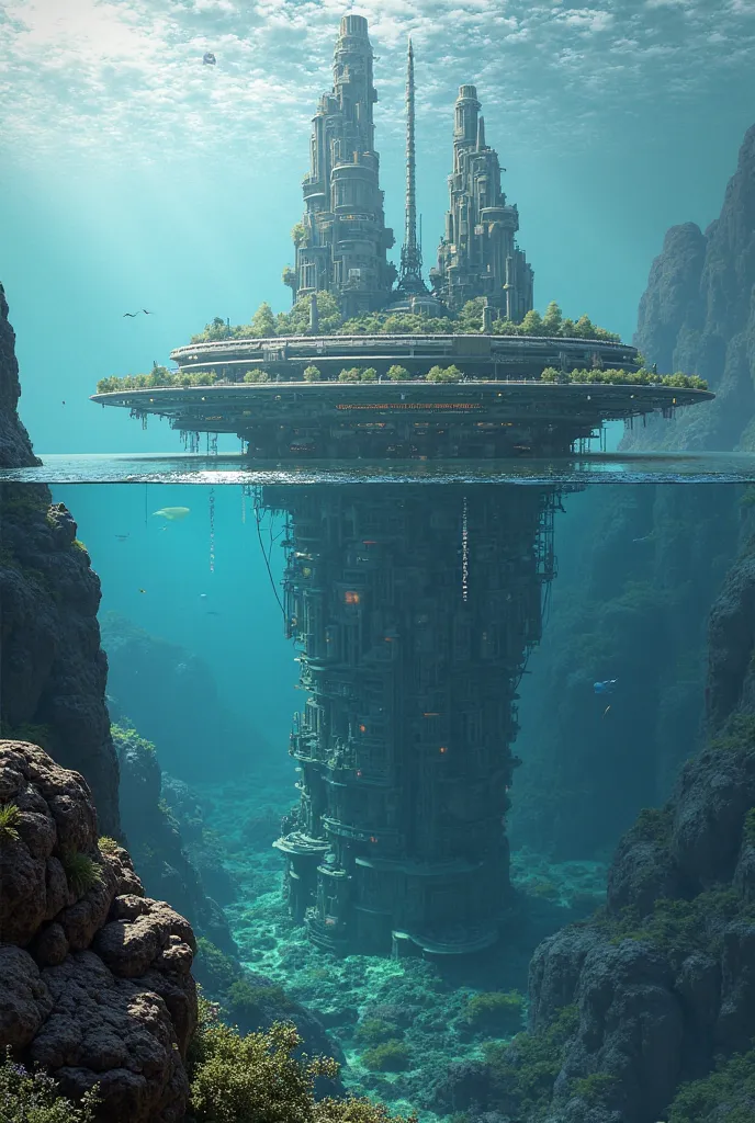 InterstellarX land Based X Station by Interstellar Teleresearch Company at Horizon Haven: A city located at the edge of a vast ocean on an alien world. The architecture incorporates aquatic themes, with buildings resembling coral reefs and marine life. Res...