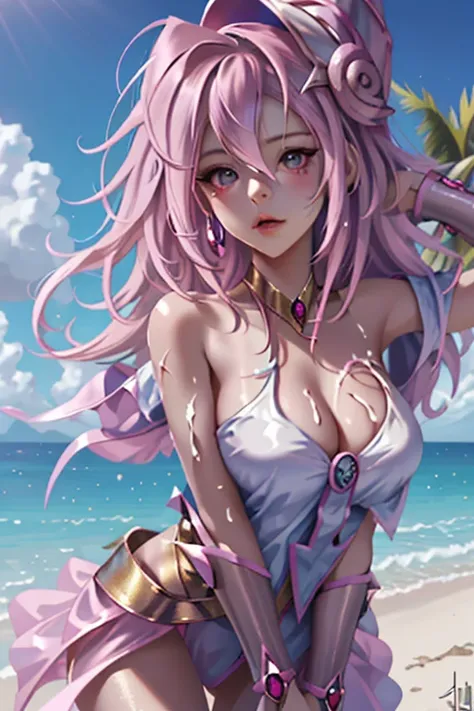 A hyperrealistic splash art of a nude female fantasy character with medium breasts. The medium character has long wavy pink and purple hair. She has big expressive eyes and is wearing a necklace. The nude character is on the beach with palm trees ,naked, f...