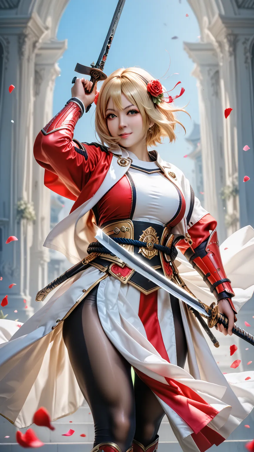 young woman,Oiran,warrior,((wielding a huge_weapon:1.6))very detailedな, realistic,((seductive smile)),(acrobat pose:18),) Brilliant Appearance , Creative Action, extremely detailed, Imaginative, sensual, spontaneous , Top Quality,  skin texture,very short ...