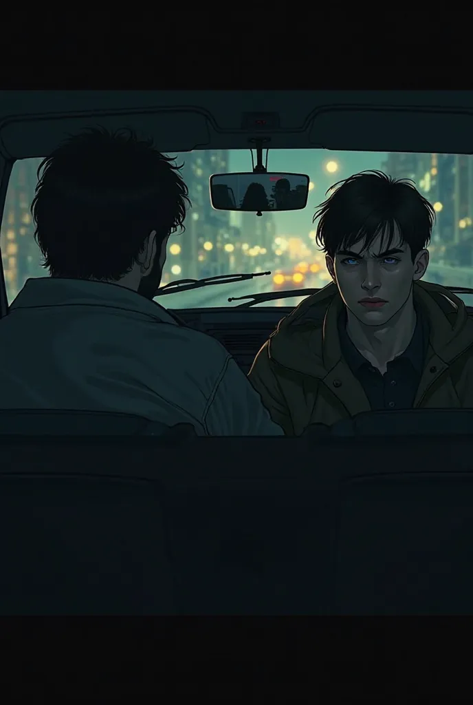 "A nervous young man sitting in the backseat of a taxi, looking at the shadowy driver, speaking with hesitation."