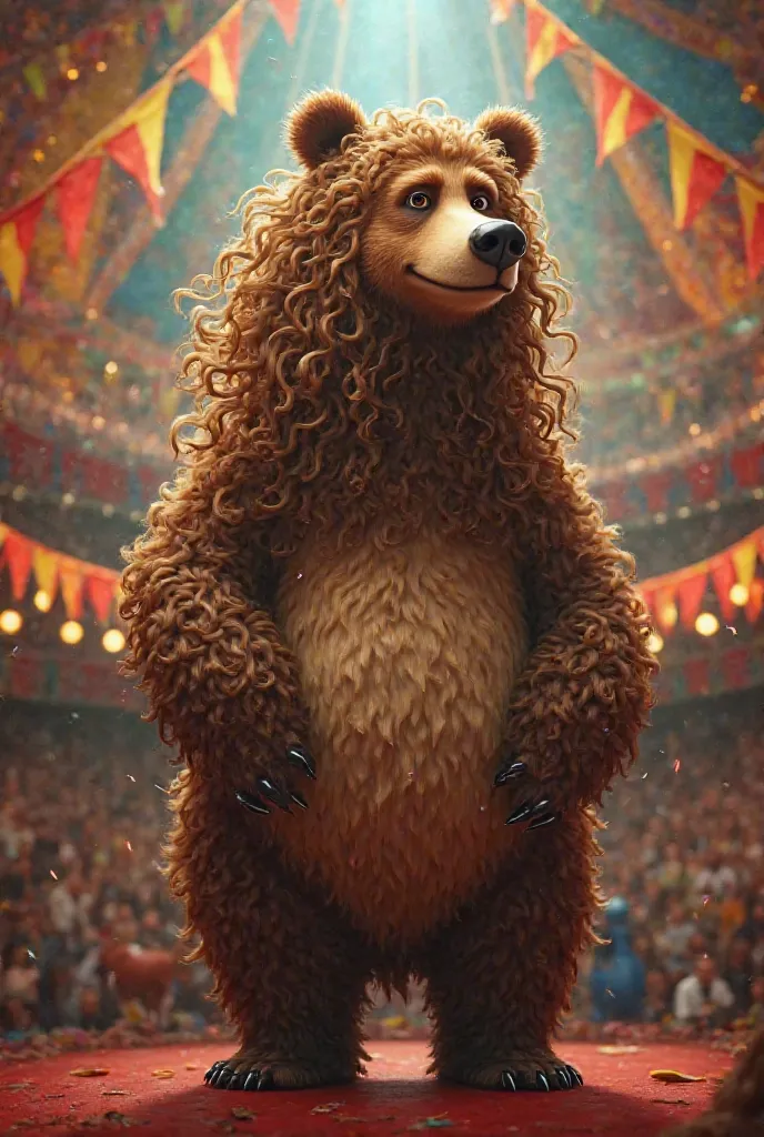 A tall domestic bear with curly hair like a human in a circus